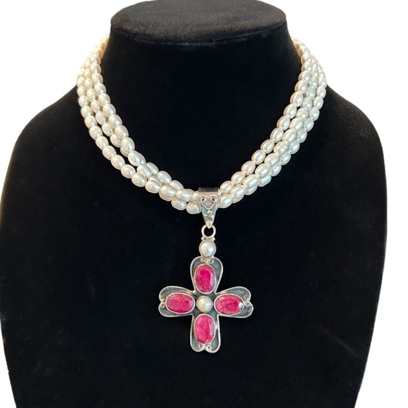 Vintage Pearls & Rough Cut Rubies in Sterling Silver Choker Necklace